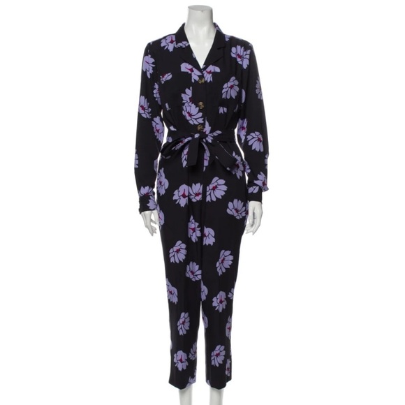 Lela Rose Pants - Pearl by Lela Rose- GREEN and Peach Floral Longsleeve Belted Jumpsuit